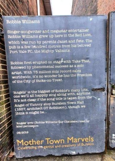 A tribute to Robbie Williams next to the Red Lion pub in Burslem