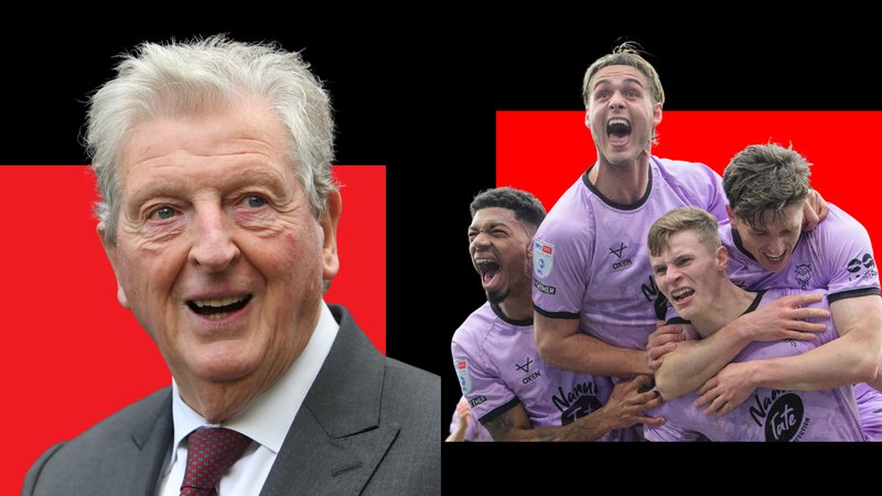 Side-by-side images of Roy Hodgson smiling while wearing a grey suit, a white shirt and a red and blue spotted tie, and Lincoln City players celebrating in their lilac third kit