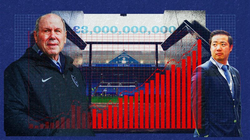 Portsmouth chairman Michael Eisner, wearing a black jacket with a white Nike tick and Portsmouth badge on the front, with a concerned look on his face to the left of a graphic. Sheffield Wednesday's Hillsborough stadium sits in the background with Â£3bn written out in the middle. A red bar graph runs across the front towards Leicester owner Khun Aiyawatt 'Top' Srivaddhanaprabha on the right, wearing a suit and looking straight-faced.