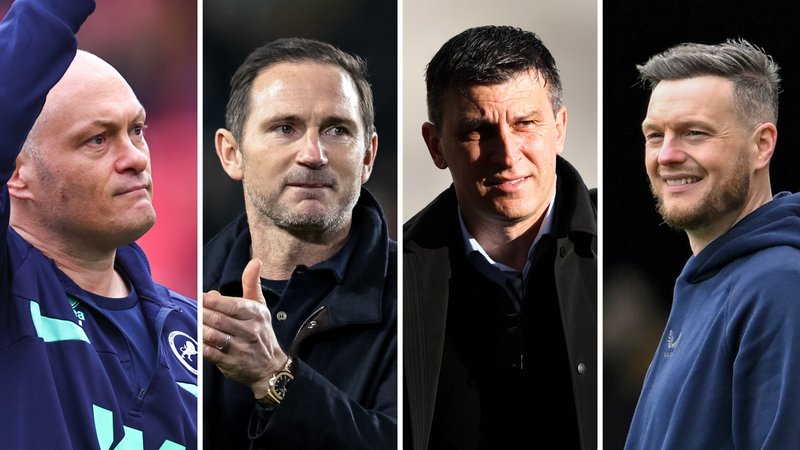 Side-by-side close-up photos of the nominated managers from left to right: Alex Neil, Frank Lampard, Sergej Jakirovic and Kim Hellberg.