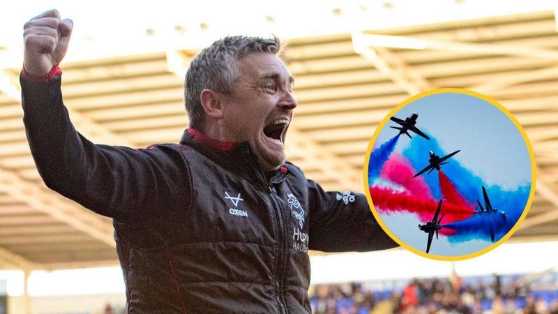 Lincoln City boss Michael Skubala celebrates with an inset image of the Red Arrows doing aerobatic moves with red and blue smoke coming off aircrafts