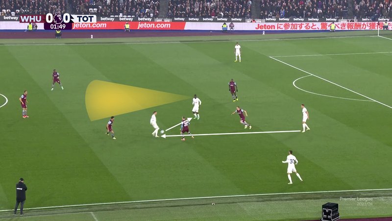 Screengrab showing build-up play at Spurs under Ange Postecoglu and similarities with De Zerbi.