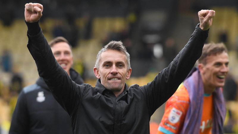 Ipswich manager Kieran McKenna raises his arms aloft as he celebrates beating rivals Norwich at Carrow Road for the first time in 20 years.