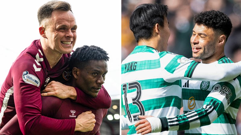 Hearts' Lawrence Shankland and Pierre Landry Kabore celebrate, as do Celtic's Yang Hyun-jun and Alex Oxlade-Chamberlain