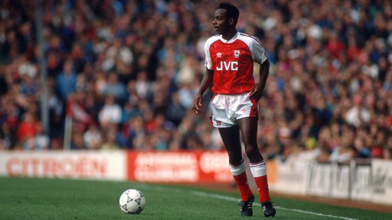Michael Thomas will the ball at his feet playing for Arsenal in 1990.