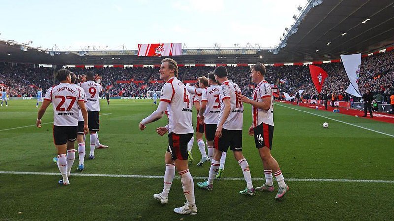 Southampton celebrate after scoring a goal at St Mary's Stadium