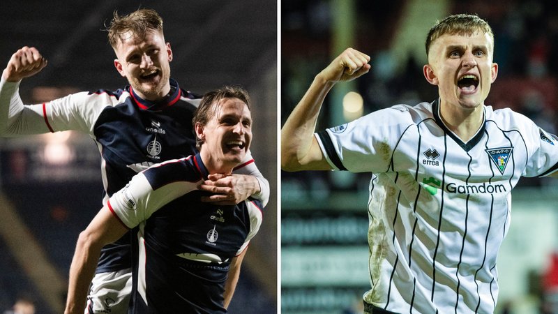 Falkirk duo Liam Henderson and Coll Donaldson celebrate beating Dundee United; Dunfermline's Matthew Todd celebrates beating Aberdeen