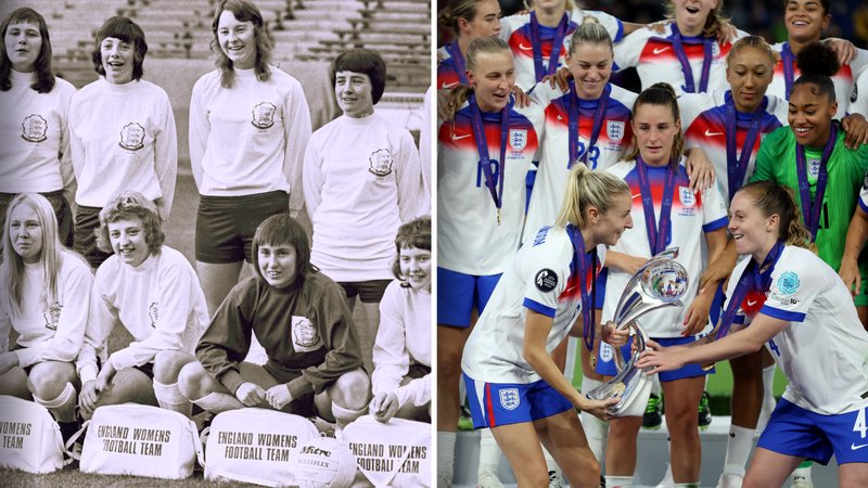 A split picture of the Lionesses posing for their first official photo in 1972, and the Lionesses lifting the Euro 2025 trophy - 53 years between the two events