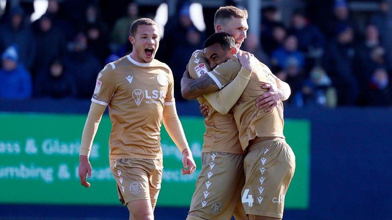 Ashley Charles is congratulated by Mitch Pinnock after scoring for Bromley