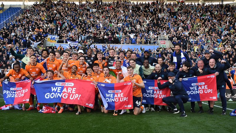 Cardiff City players and staff celebrate promotion in front of their fans