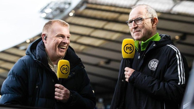Neil Lennon and Martin O'Neill share a joke on live TV at Hampden