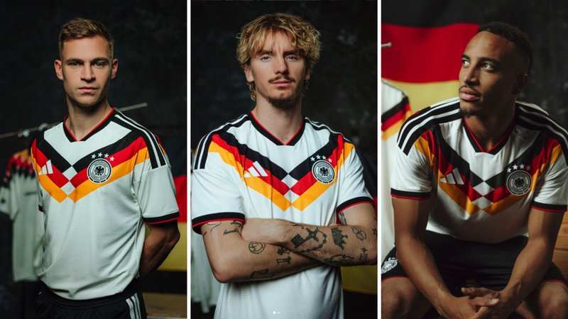 Joshua Kimmich (left), Nick Woltemade (middle) and Jamie Leweling (right) wear 2026 Germany home kit.