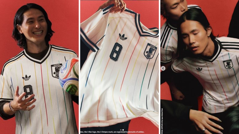 Takumi Minamino (left) and models (right) wear 2026 Japan away kit.