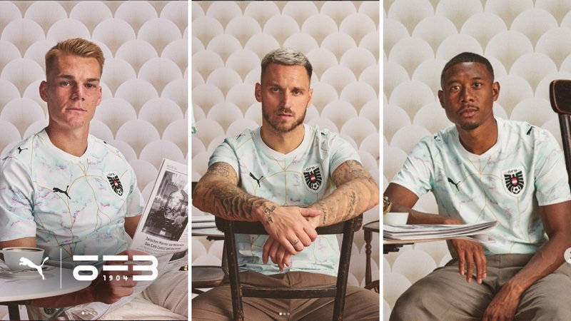 Philipp Lienhart (left) Marko Arnautovic (middle), David Alaba (right) wear 2026 Austria away shirt.