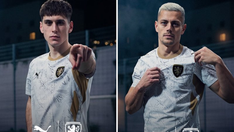 Matyas Vojta and Tomas Holes wear 2026 Czech Republic away shirt.
