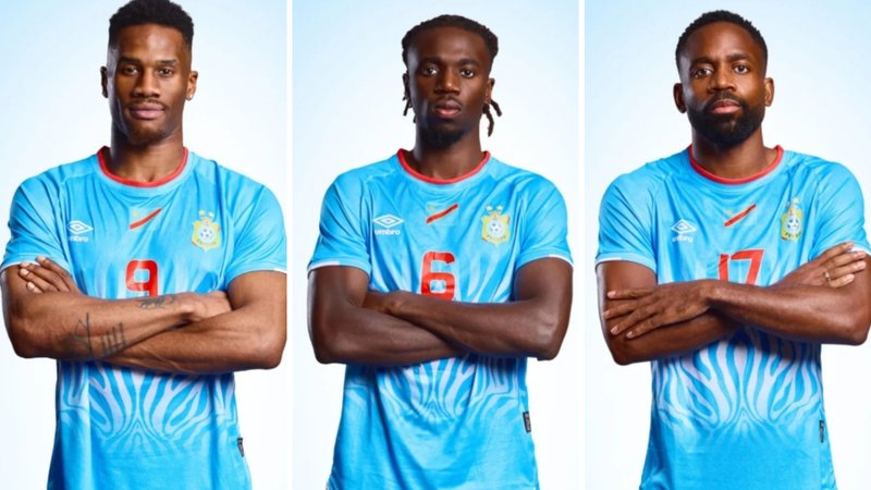 Samuel Essende (left), Ngal'ayel Mukau (middle) and CÃ©dric Bakambu (right) wear 2026 DR Congo home shirt.
