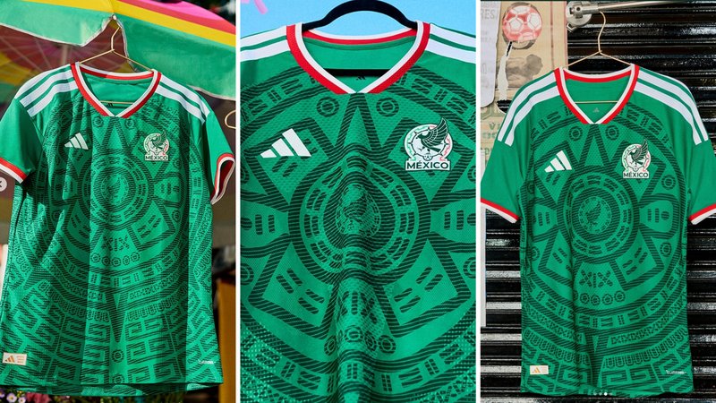 Three images of 2026 Mexico home shirt.