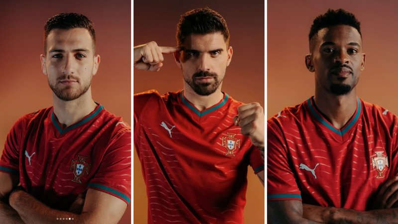 Diogo Dalot (left), Ruben Neves (middle) and Nelson Semedo (right) in 2026 Portugal home shirt.
