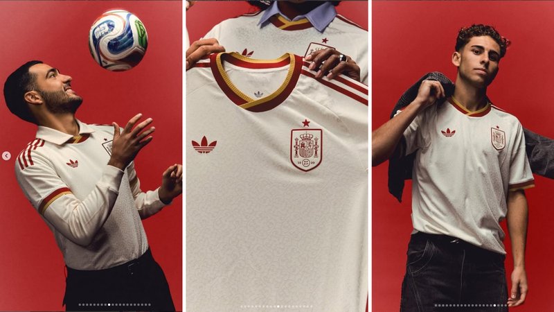 Mikel Merino (left) and Fermin Lopez (right) wear 2026 Spain away shirt.