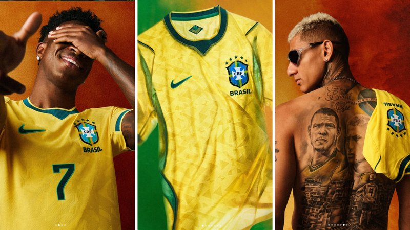 Vinicius Jr and Richarlison wear 2026 Brazil home shirt.