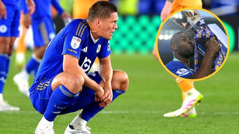 Image of Leicester's Jannik Vestergaard hunched down in disappointment with an inset image of Wes Morgan kissing the Premier League trophy when he captained the club to the title in 2016