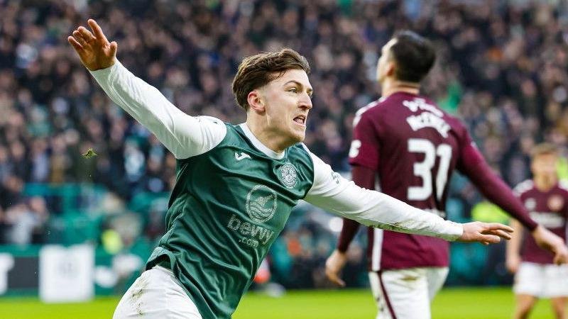 Josh Campbell celebrates his derby goal at Easter Road on 27 December