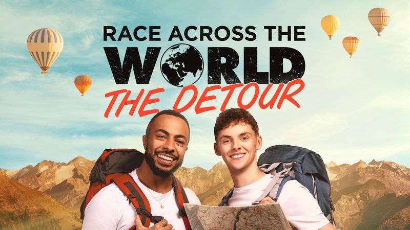 Presenter Tyler West (left) and travel expert Alfie Watts pose for a promotional poster for Race Across the World: The Detour