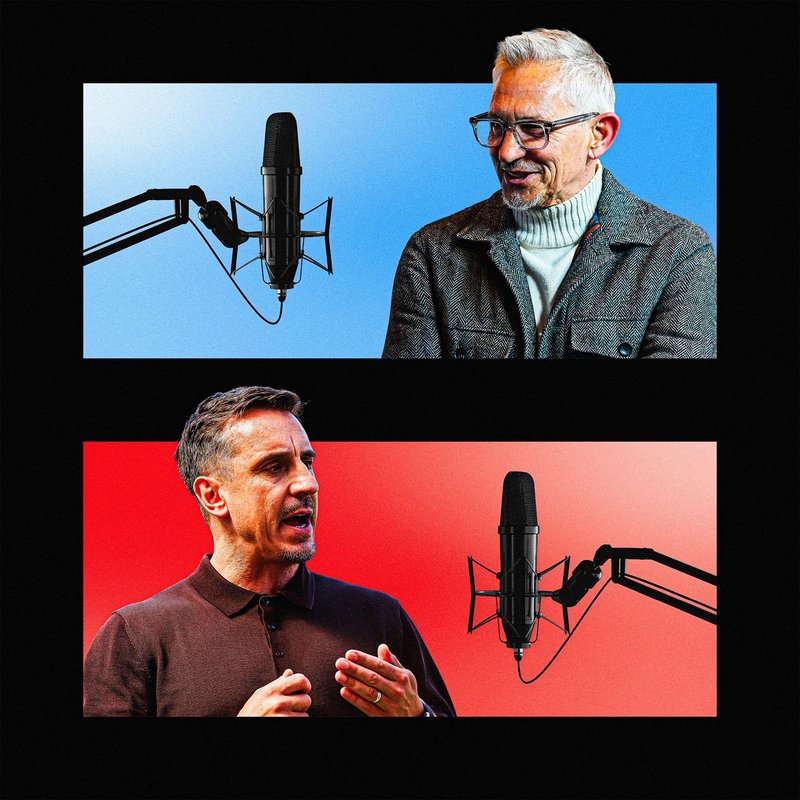 An image of Gary Lineker taking into a microphone with an image of Gary Neville speaking into a microphone below that