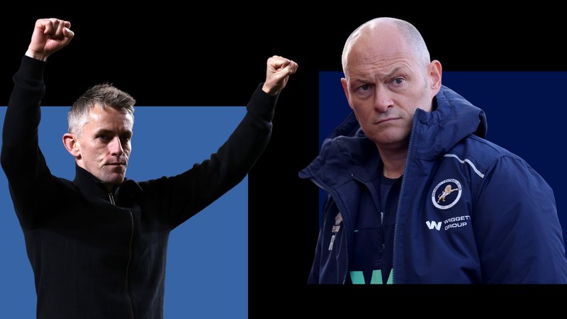 Side-by-side images of Ipswich Town boss Kieran McKenna holding out his arms in celebration while wearing a black zip up jacket and Alex Neil looking in a blue Millwall coat