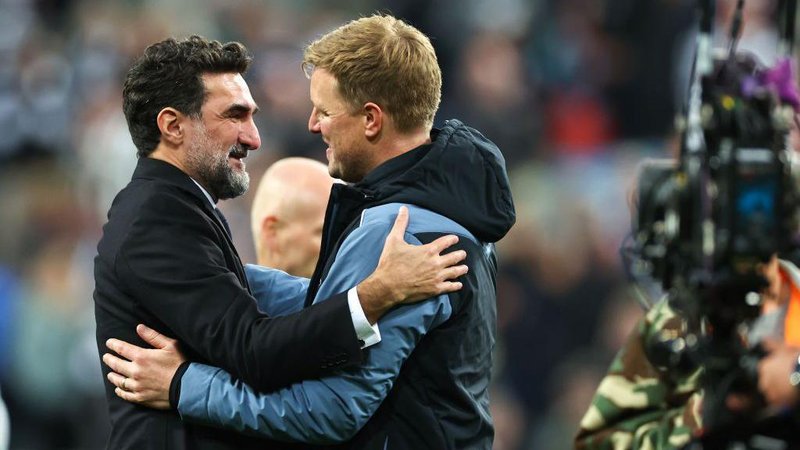 Yasir Al-Rumayyan greets Eddie Howe after Newcastle United's game against Leicester City at St James' Park on 22 May, 2023