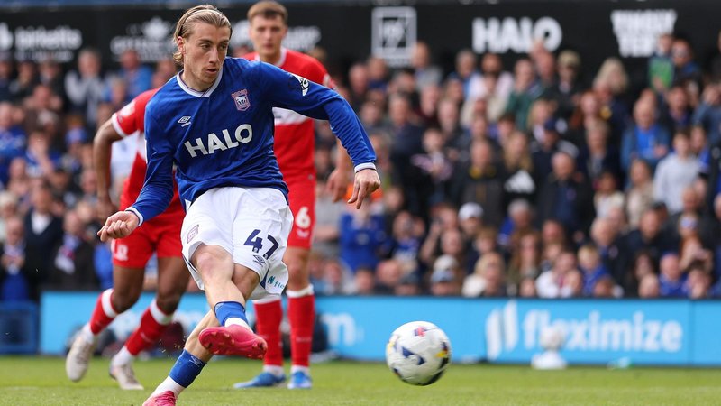 Jack Clarke converts a penalty kick for Ipswich at home to Middlesbrough.