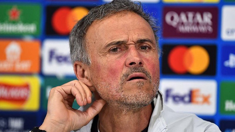 Image of Paris St-Germain's Spanish head coach Luis Enrique at a media conference at Liverpool's Anfield this season