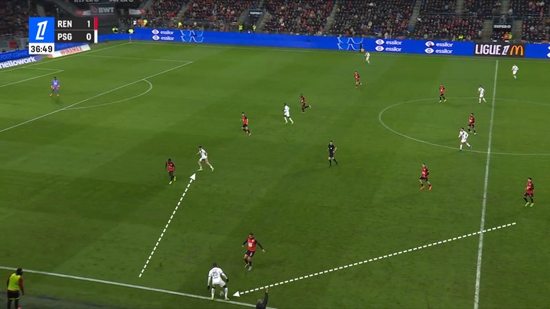 Screengrab showing Nuno Mendes moving out wide as Khvicha Kvaratskhelia moves infield ensuring PSG remain structured and balanced.