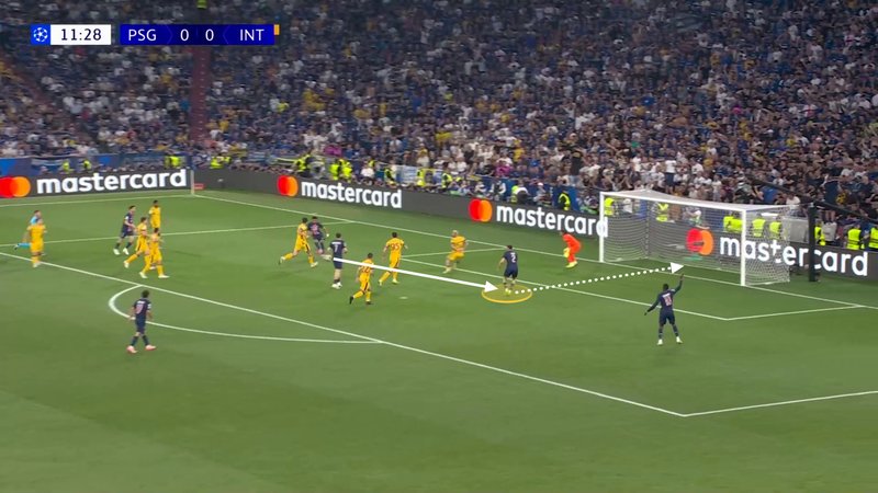 Screengrab showing Hakimi's position in the box as he scored the opening goal for PSG in their 5-0 win against Inter Milan in the Champions League final last season