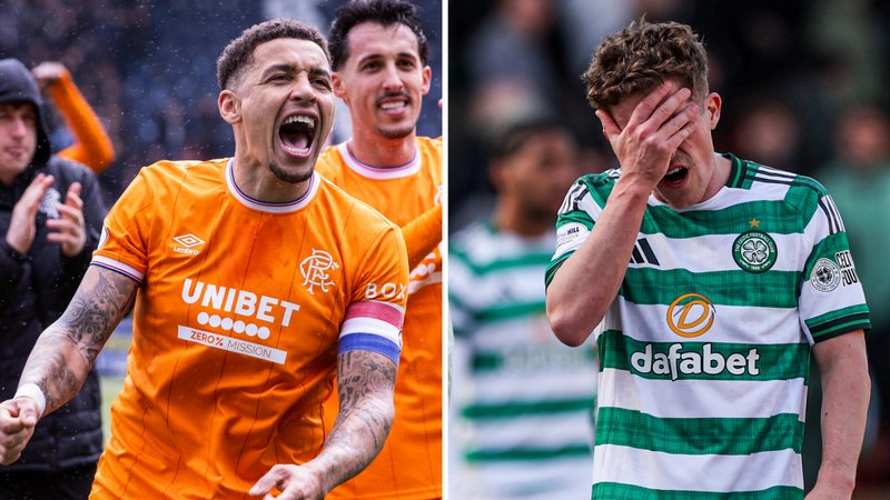 Rangers captain James Tavernier celebrates while Celtic midfielder Luke McCowan looks dejected