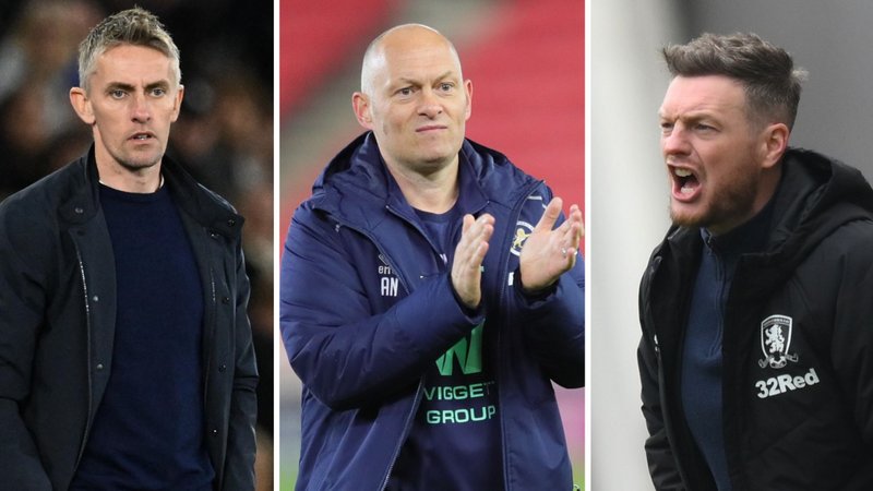 Split image of Kieran McKenna (Ipswich), Alex Neil (Millwall) and Kim Hellberg (Middlesbrough) on the sidelines.