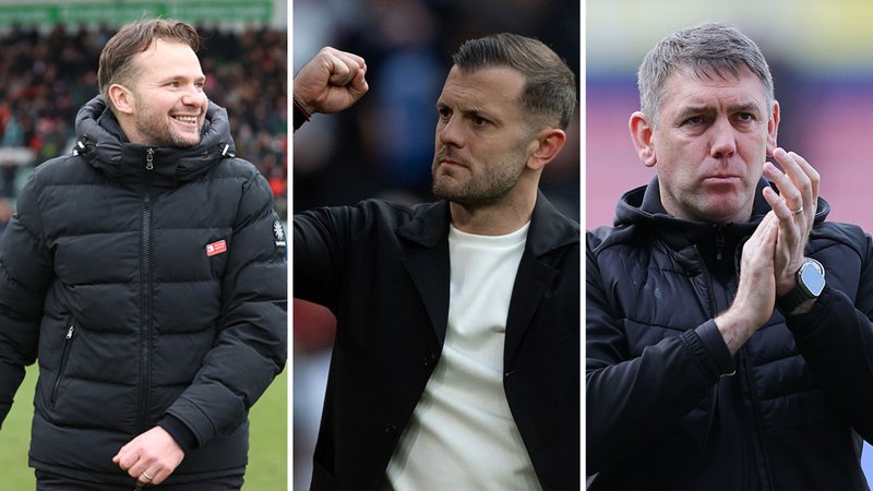 (from left to right): Plymouth boss Tom Cleverley, Jack Wilshere of Luton and Stockport head coach Dave Challinor