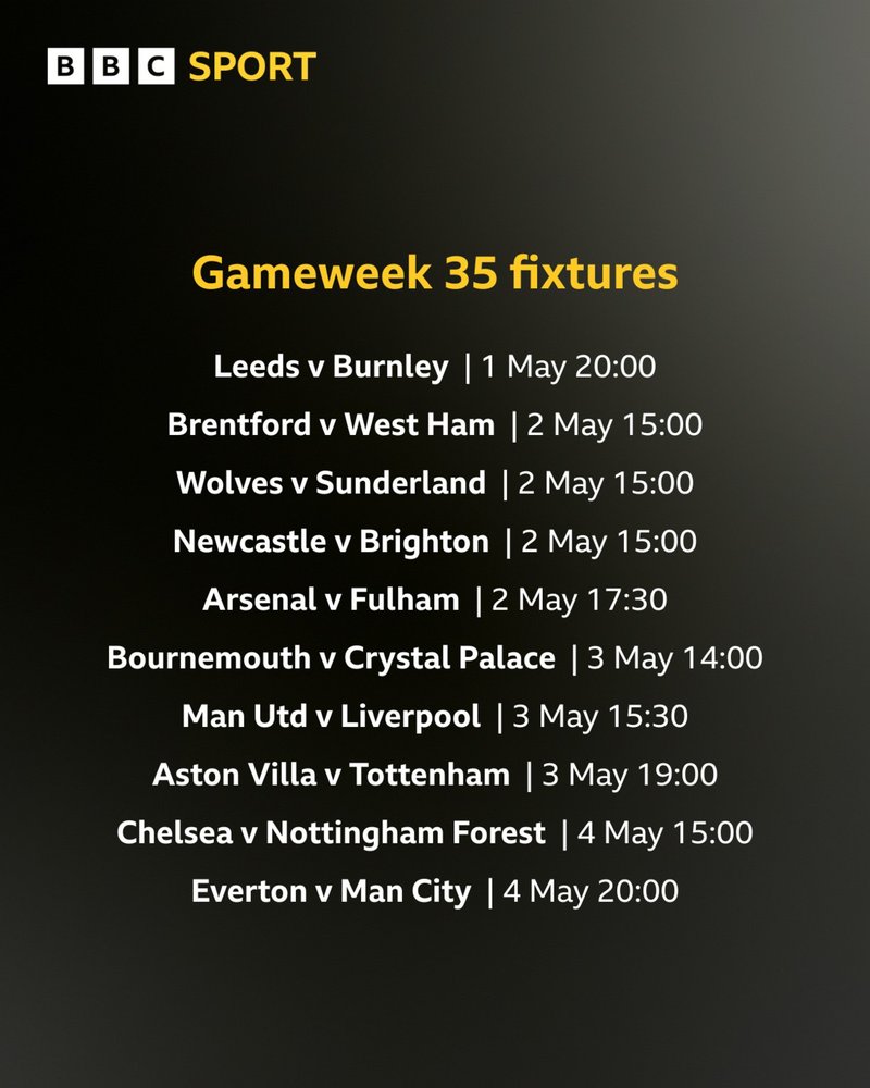 A graphic showing all the Premier League fixtures for gameweek 35