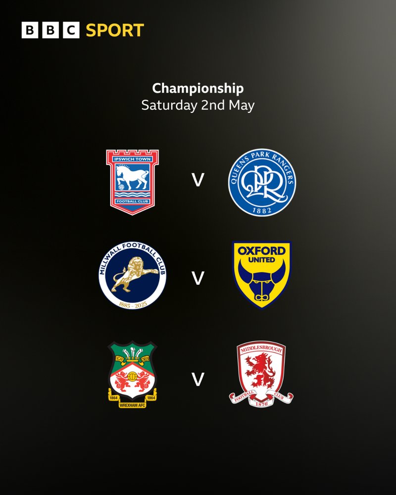 Graphic showing the final day fixtures in the race for automatic promotion with club badges used:
Ipswich v QPR
Millwall v Oxford
Wrexham v Middlesbrough