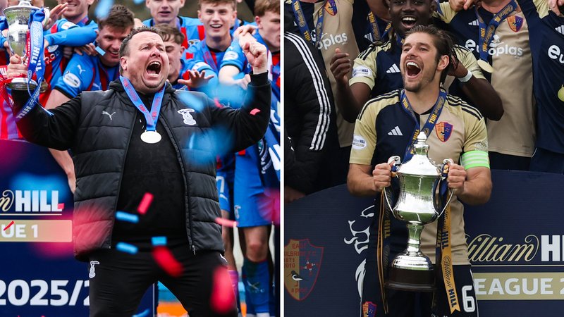 Inverness Caledonian Thistle head coach Scott Kellacher and East Kilbride captain Jack Leitch with their respective trophies