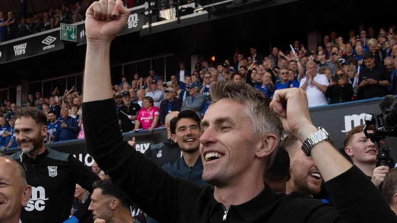 Kieran McKenna celebrates winning his third promotion in four years with Ipswich.