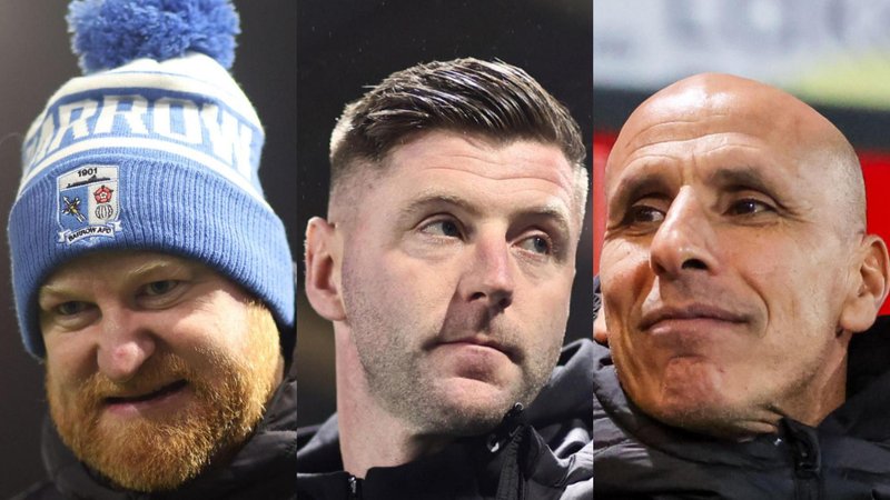 A collage of Barrow's three permanent head coaches this season
(Left to right)
Andy Whing - wearing a blue and white Barrow bobble hat
Paul Gallagher - looking slightly over his left shoulder
Dino Maamria - looking to his right with a slight smile on his face 