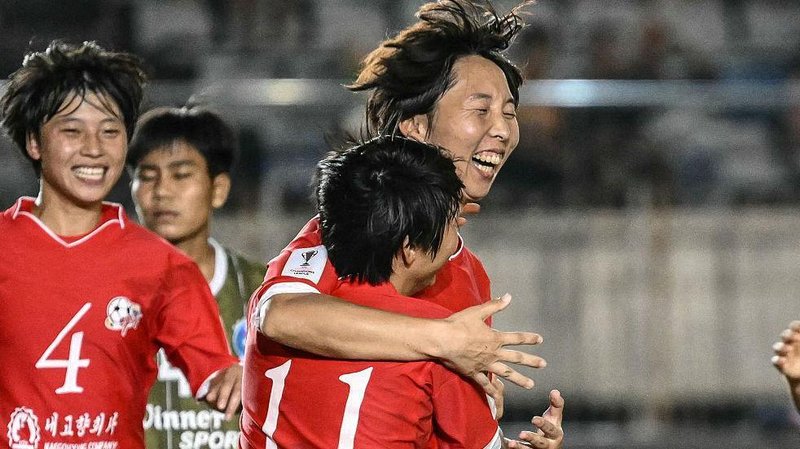 Ri Kum-Hyang of Naegohyang Women's FC celebrates with team-mates after scoring a goal during the AFC Women's Champions League match between Naegohyang and ISPE 