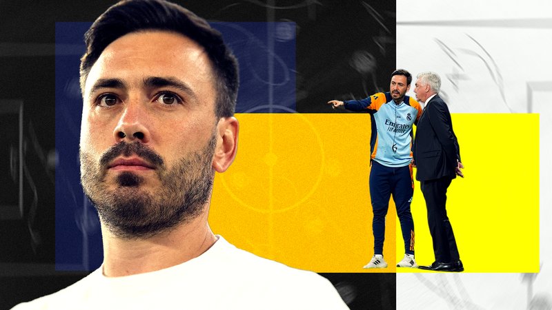 Stylised image of Davide Ancelotti in front of a colourful background with a tactics board overlay. On the right of the image is an overlay of Davide with his father Carlo Ancelotti from a match when the pair were manager and assistant manager of Real Madrid.