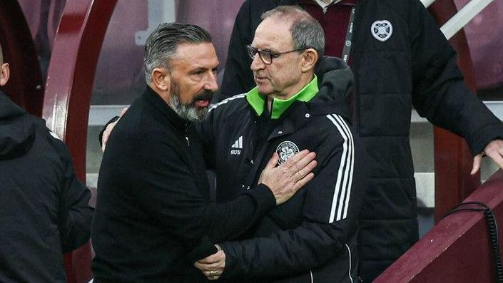 Hearts head coach Derek McInnes with Celtic manager Martin O'Neill