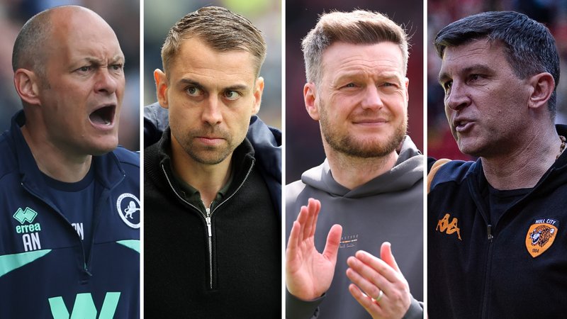 Alex Neil, wearing a navy blue Millwall jacket, with his mouth open shouting. Tonda Eckert, wearing a black jacket, looks straight-faced. Kim Hellberg, wearing a grey hoodie, claps his hands together. Sergej Jakirovic wearing a black Hull City tracksuit top.