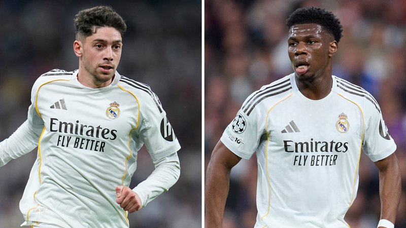 A split picture of Real Madrid players Federico Valverde and Aurelien Tchouameni in the club's white kit