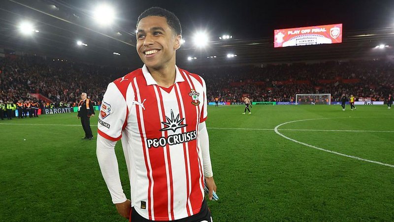 Shea Charles smiles on the pitch at St Mary's after Southampton beat Middlesbrough in the play-offs
