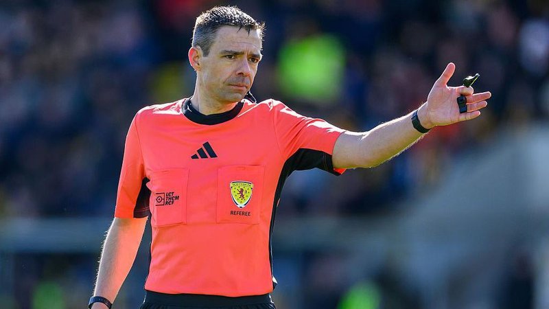 Referee Kevin Clancy awards a free-kick during the William Hill Premiership match between Livingston and Heart of Midlothian