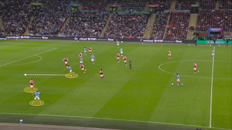 Screengrab illustrating Doku's positioning dragging Arsenal's right-back Ben White out wide, leaving space for O'Reilly to run into